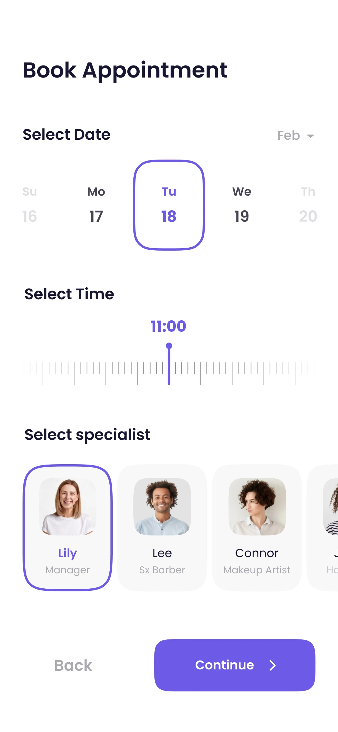 Setora appointment booking mobile app interface